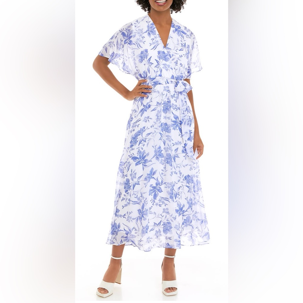 Sandra Darren Women's Short Sleeve Surplice
Floral Printed Chiffon Midi Dress-6